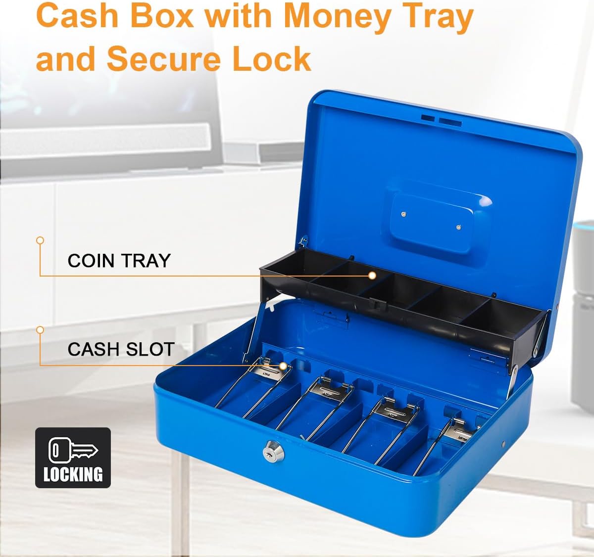 Jssmst Large Locking Cash Box with Money Tray, Lock Box with Security Cable Metal Money Box with Key Lock, Blue
