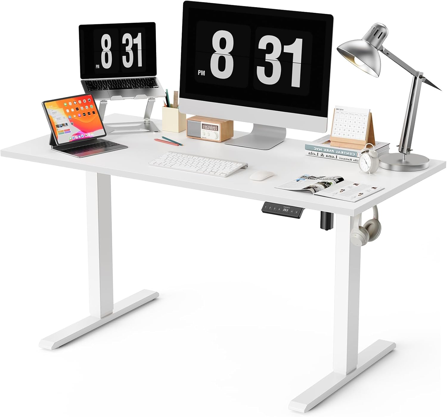 55x28 Inches Whole Piece Electric Standing Desk, Seamless One Piece Height Adjustable Sit to Stand up Desk for Home Office, Ergonomic Computer Workstation, White