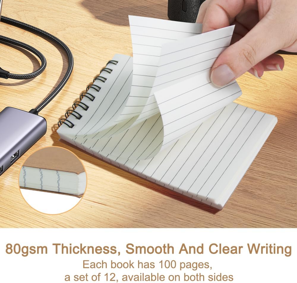 Pocket Notebooks Set of 12, Small 3x5 Spiral Notepads, Office Style Mini Notebook, Small Notepad Pocket Size, Memo Pads for Home, College, Work or School - Lined College Ruled Paper