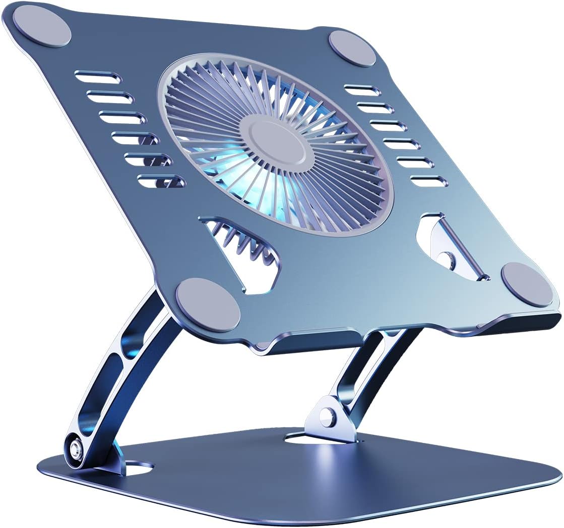 SHUWEI Laptop Cooling Stand with 3 Speed Fan, Adjustable Height Laptop Stand for Desk, Ergonimic Aluminum Laptop Cooling Pad for 10-15'' Notebook - Bule-Gray