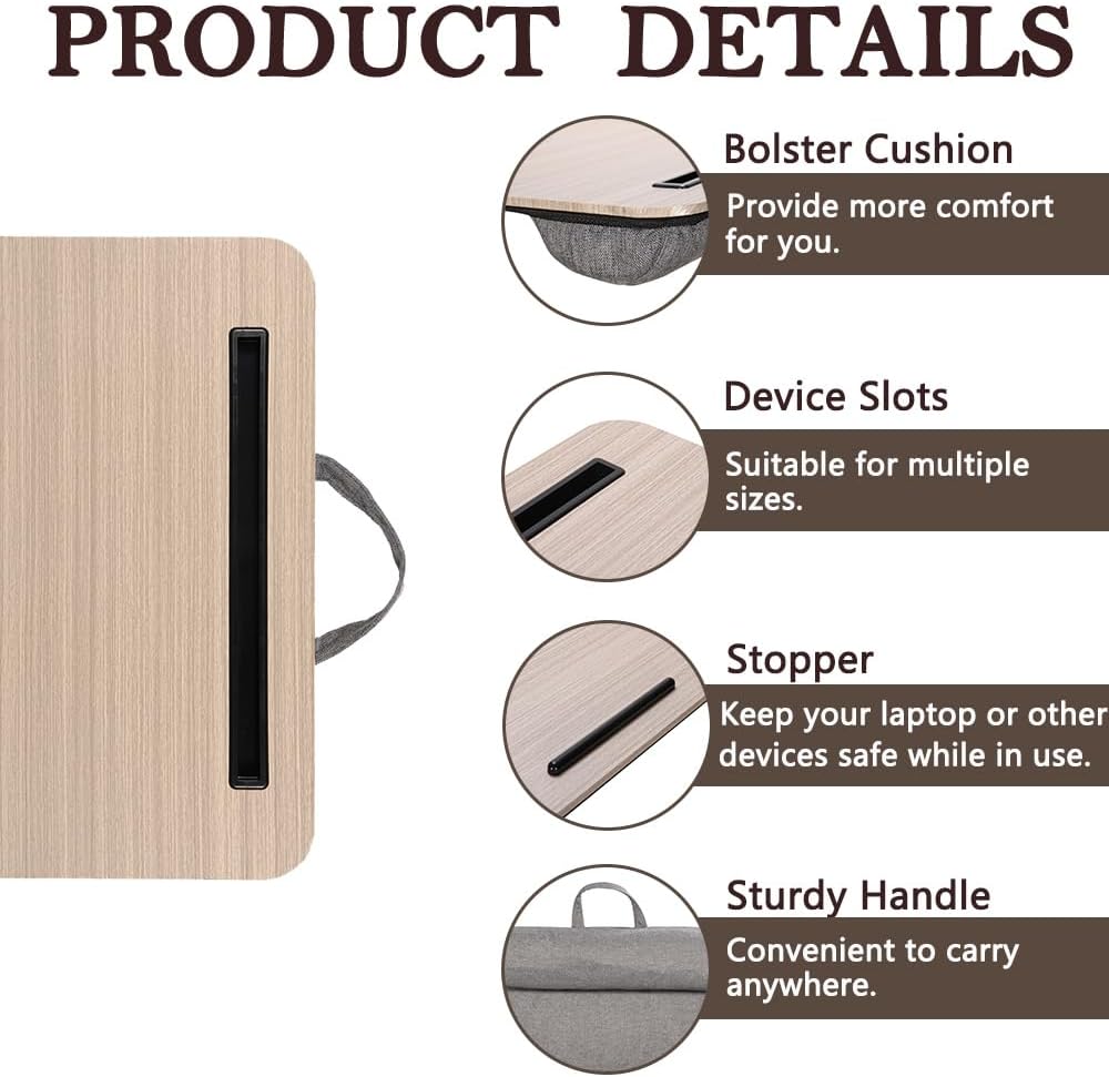 Lap Desk, Portable Laptop Desk Fits Up to 16“ Laptops, with Tablet Slot, Built-in Cushion, Great for Home & Office,Lap Desk with Cushion (Black Wood, Medium)