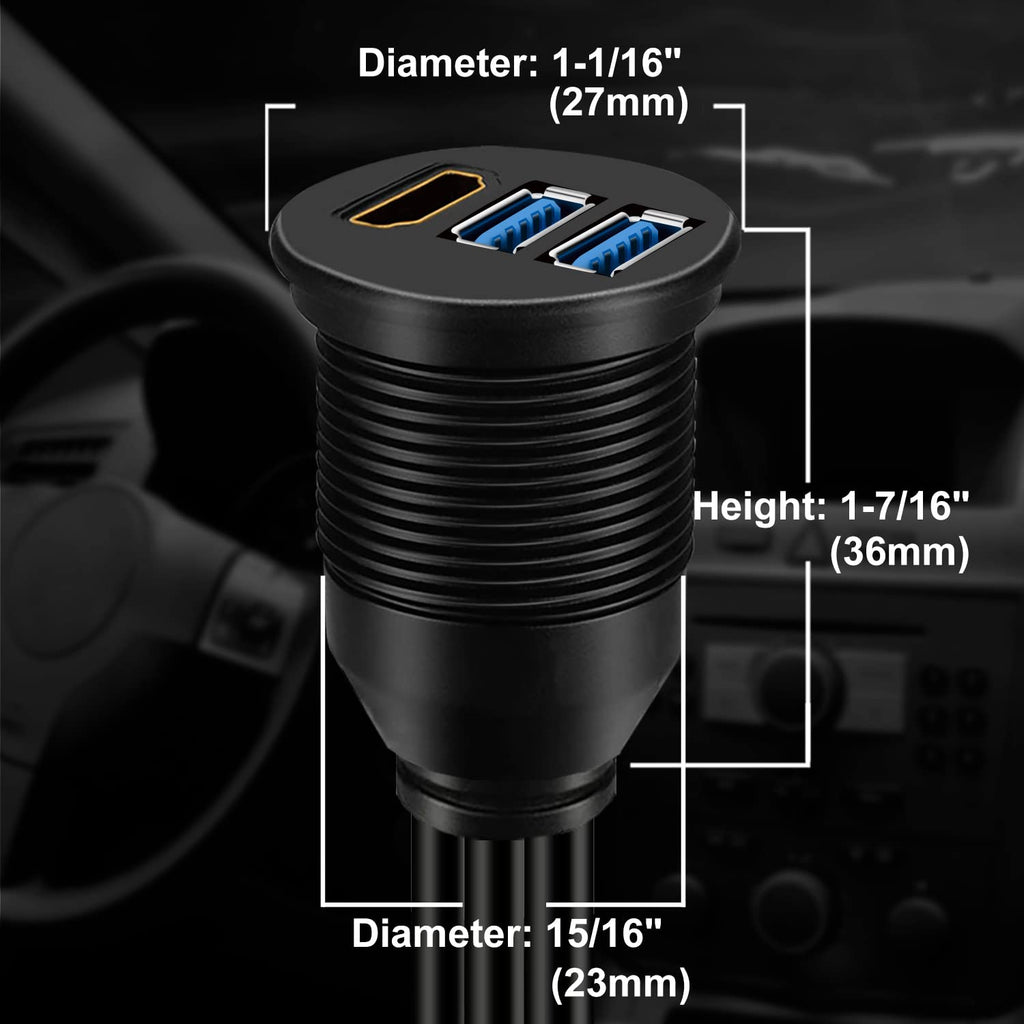 BATIGE Dual USB 3.0 & HDMI Male to Female Car USB Flush Mount Extension Cable USB 3.0 Dash Mount for Car Truck Boat Motorcycle - 3ft