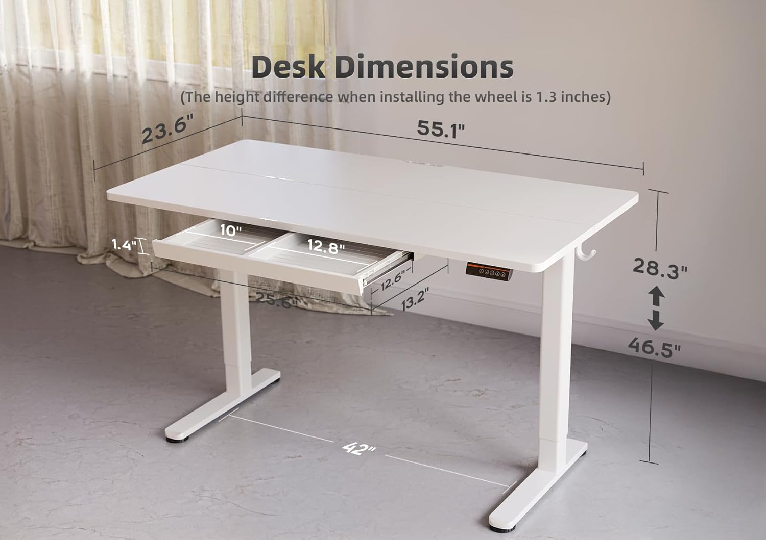 YDN Standing Desk with Drawers, 55 x 24 Inch White Standing Desks Electric Adjustable Height Desk for Computer Workstations, White