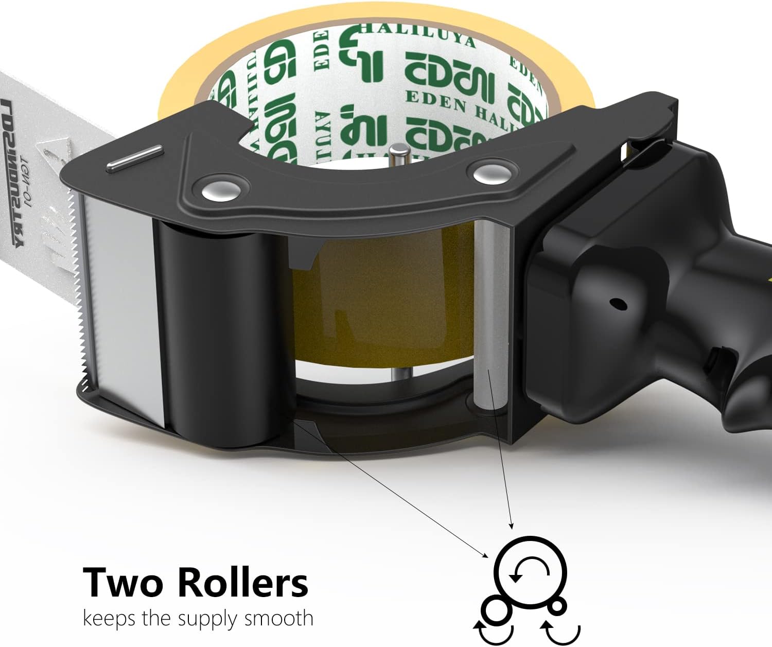 Rapid-Replace Tape Dispenser Gun with 2 Inch X 60 Yard Tape Roll (Transparent) and Extra Blade, Lightweight Ergonomic Heavy Handheld Duty Tape Cutter for Packaging and Box Sealing Black