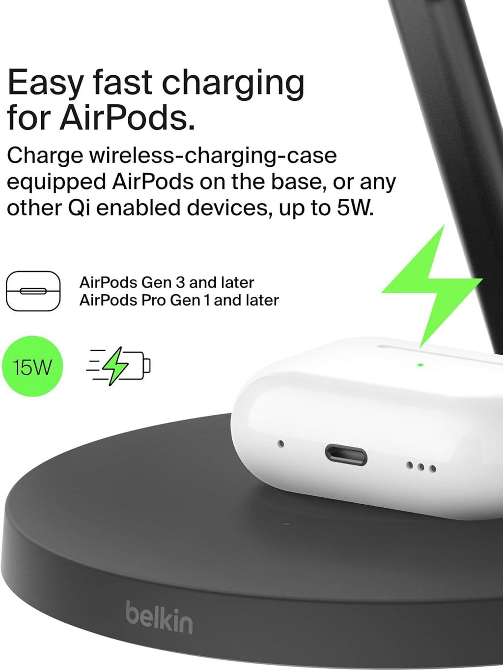 Belkin MagSafe-Compatible Charger, 3-in-1 Wireless Charging Station, Qi2-Certified 15W Wireless Charge for Apple iPhone 16 Series, Apple Watch, AirPods w/Non-Slip Base, 40W Included - Black