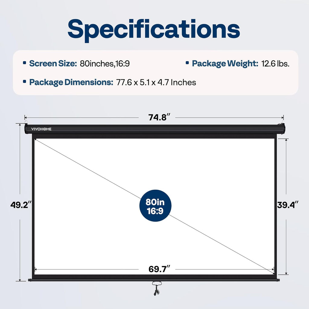VIVOHOME Projector Screen Pull Down, 16:9 80 Inch Retractable Projection Screen, HD 4K Manual Pull Movie Screen for Home Theater, Cinema, Office (70x40 Inch Black)