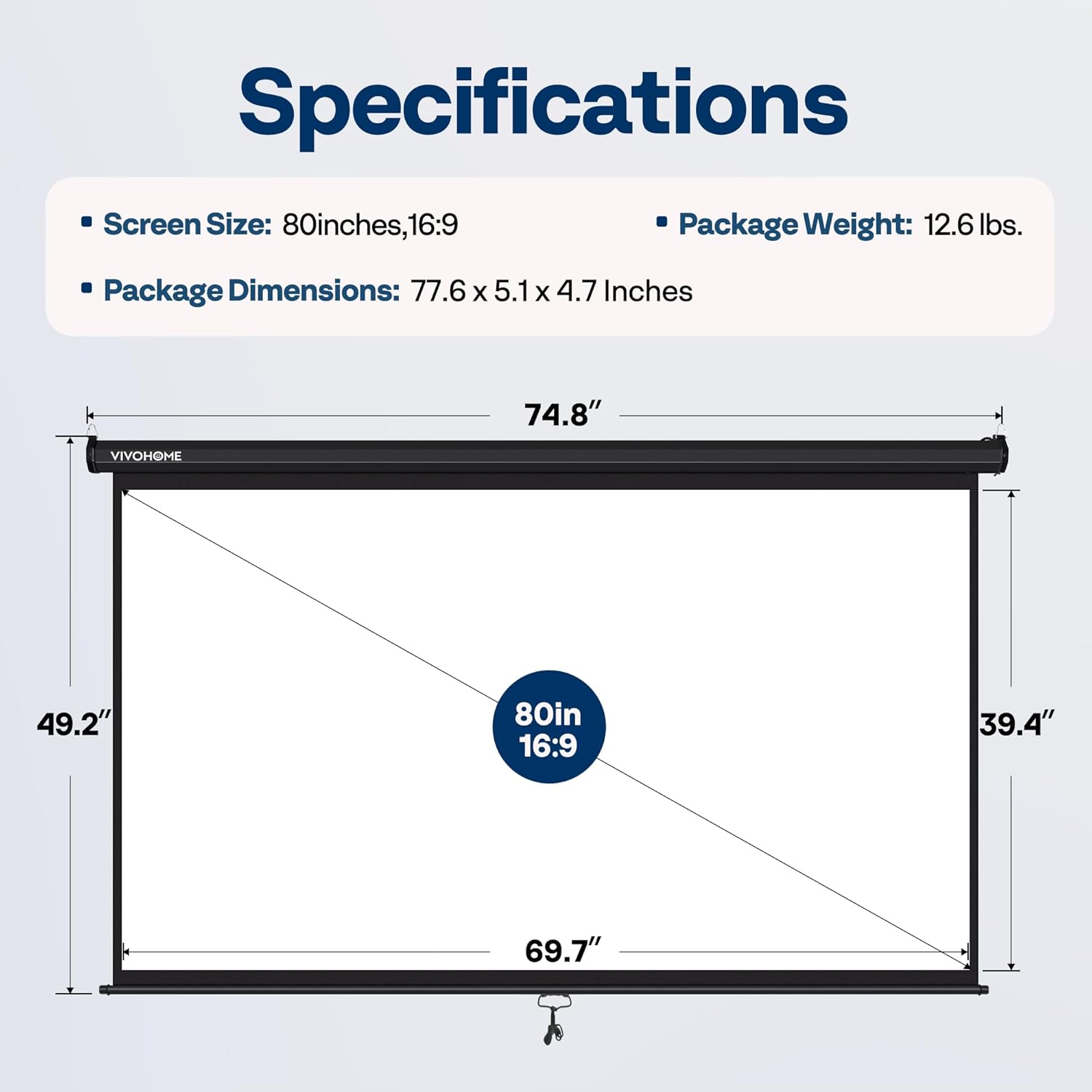 VIVOHOME Projector Screen Pull Down, 16:9 80 Inch Retractable Projection Screen, HD 4K Manual Pull Movie Screen for Home Theater, Cinema, Office (70x40 Inch Black)
