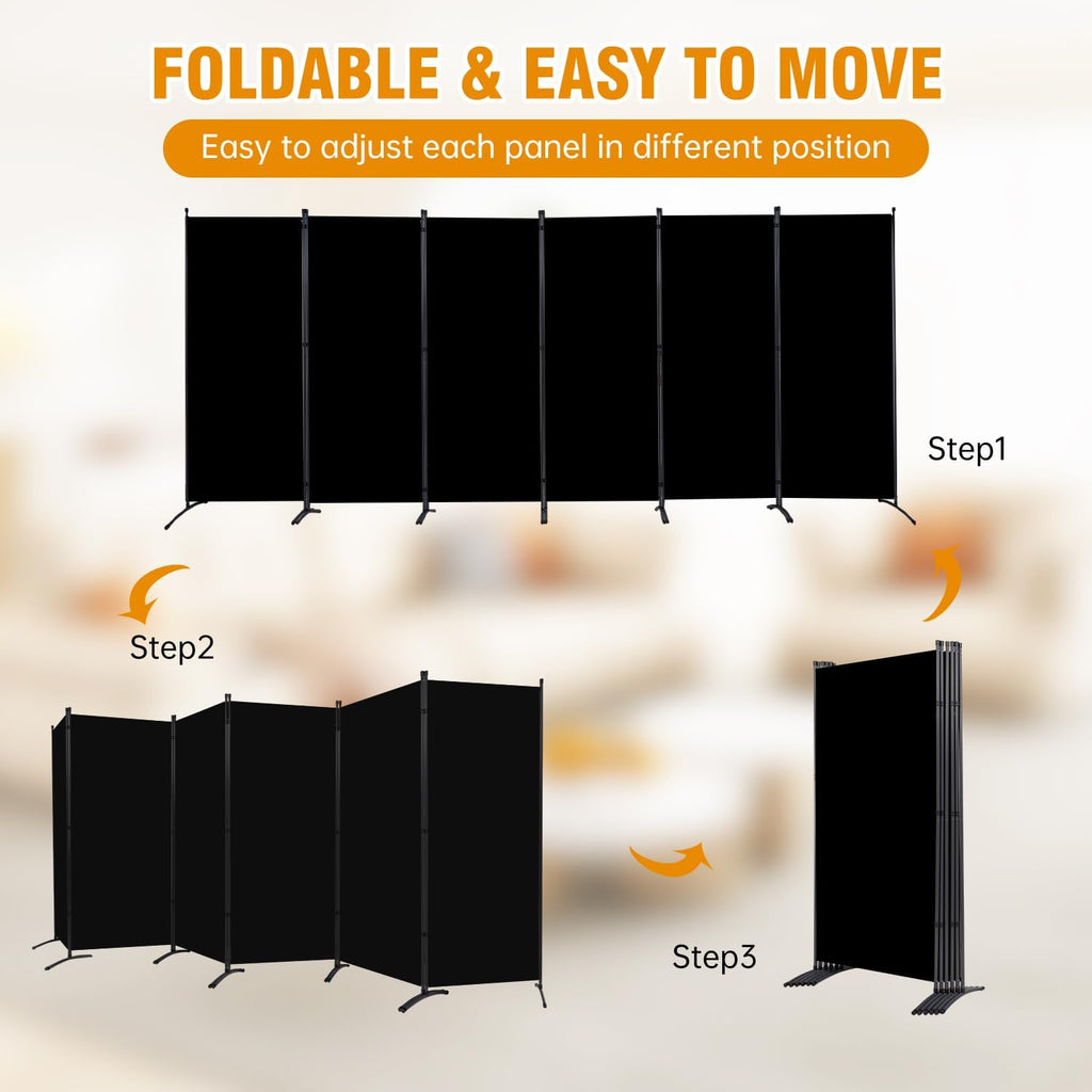 6 Panel Folding Privacy Screens, 6 FT Tall Wall Divider with Metal Frame, Freestanding Room Divider for Office Bedroom Study (6 Panel, Black)