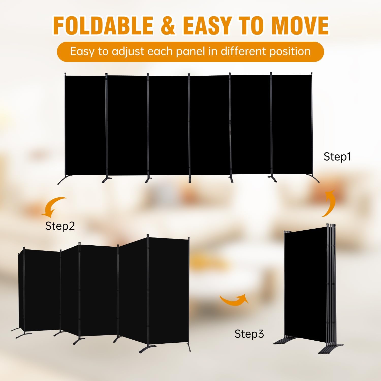 6 Panel Folding Privacy Screens, 6 FT Tall Wall Divider with Metal Frame, Freestanding Room Divider for Office Bedroom Study (6 Panel, Black)