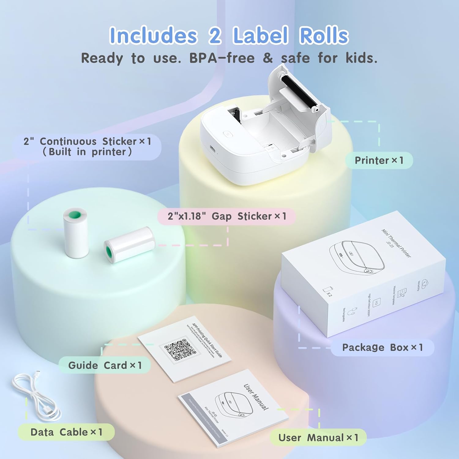 JD-23 Sticker Printer, Mini Portable Thermal Printer Print Pod, Inkless Bluetooth Label Maker with Smart App for Phone & Tablet for Office & Home Use, 2 Rolls Sticker Paper, White
