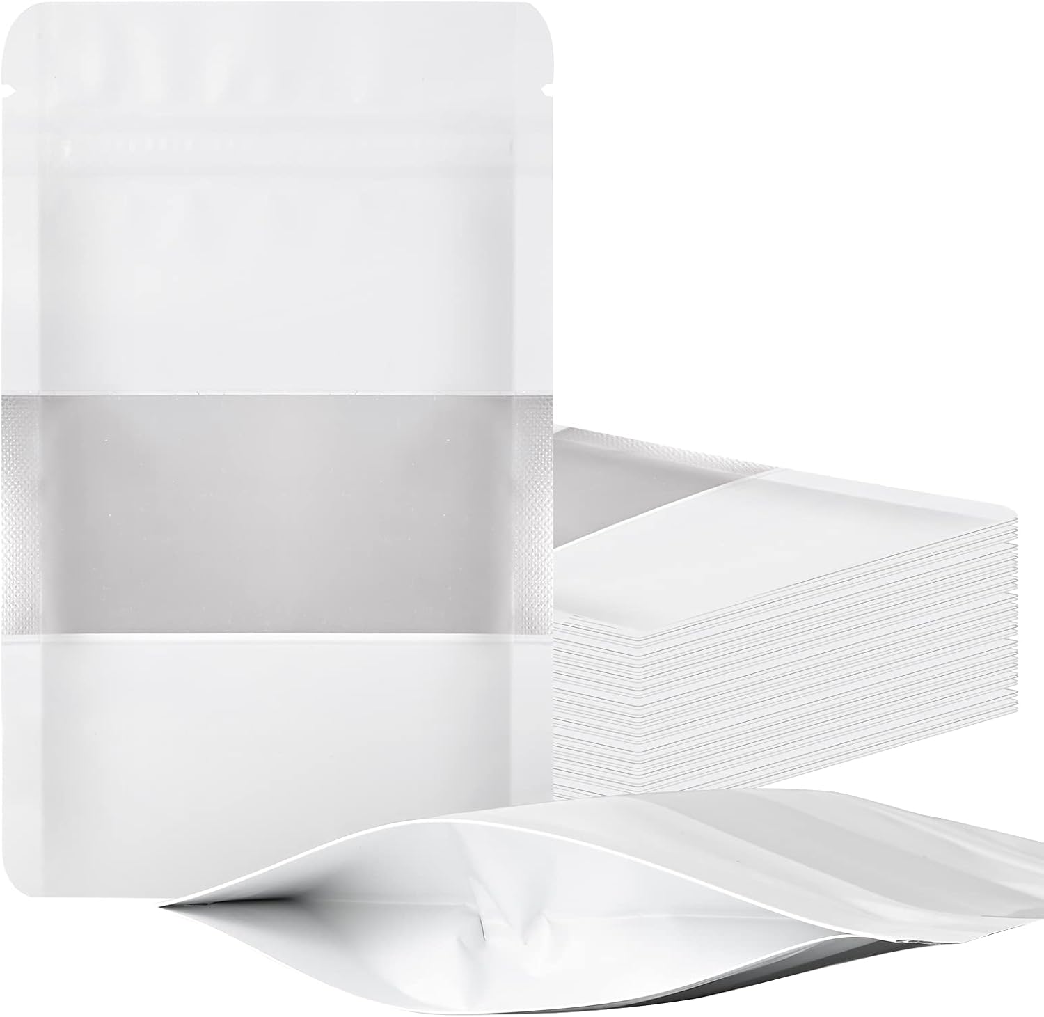 100 Pieces Smell Proof Mylar Food Storage Bags, Resealable with Clear Window, Foil Pouch Stand-up Self Sealing Supplies (White, 3.5 x 5 Inch)