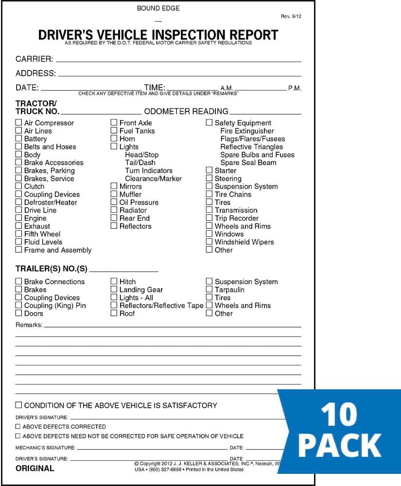 Detailed Driver's Vehicle Inspection Report 10-pk. - Book Format with 31 Sets, 2-Ply Carbonless, 5.5" x 8.5", Meet FMCSR Requirements, J. J. Keller & Associates, Inc.