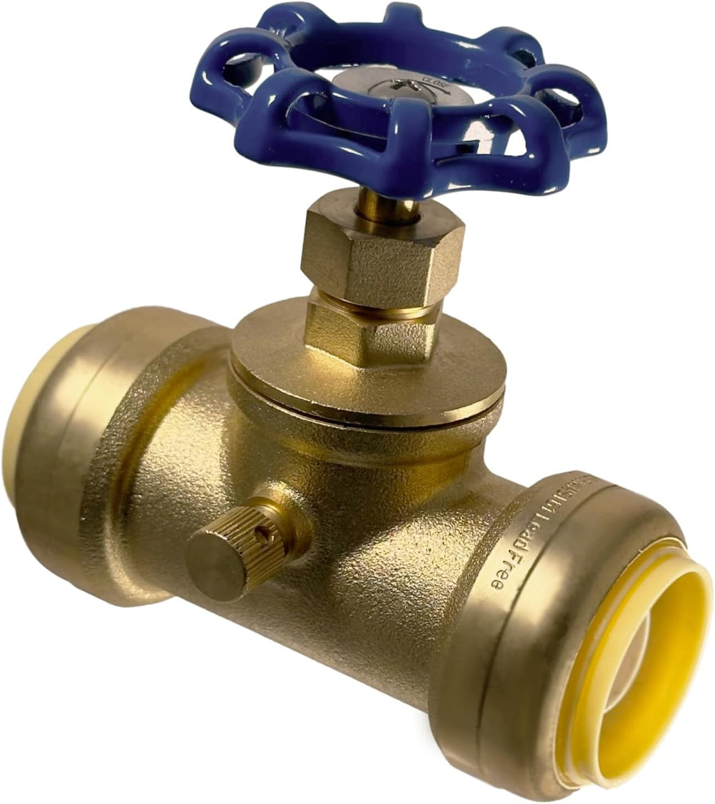 1 inch Push Fit Stop Valve with Drain and Vent, Push to Connect Brass Plumbing Fitting, Pex Pipe, Copper, CPVC, PE-RT, HDPE, 2-5-3=1, 1 Piece