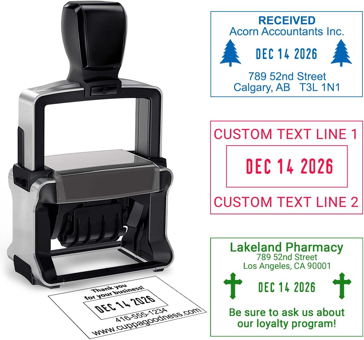 Custom Date Stamp with Personalized Text Logo Customized Self-Inking Rubber Dater Stamper for Received Paid Completed Emailed Posted Scanned Approved Heavy Duty Office Business Stamps, 4 Sizes