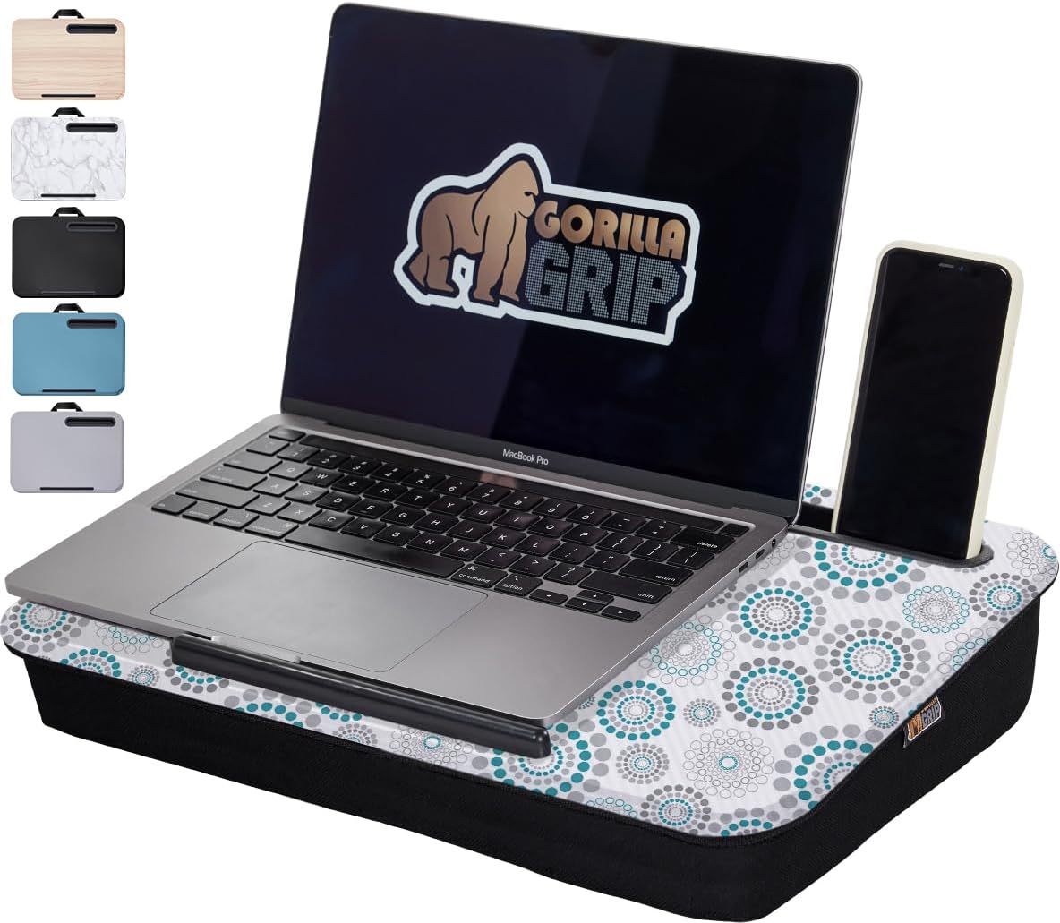 GORILLA GRIP Laptop Lap Desk with Phone Holder, Pillow Cushion Desks Fit Laptops up to 15.6", Tray Ledge Keep Computers in Place, Portable Travel Workstation Essentials for Home, Dorm, Spiral Pattern
