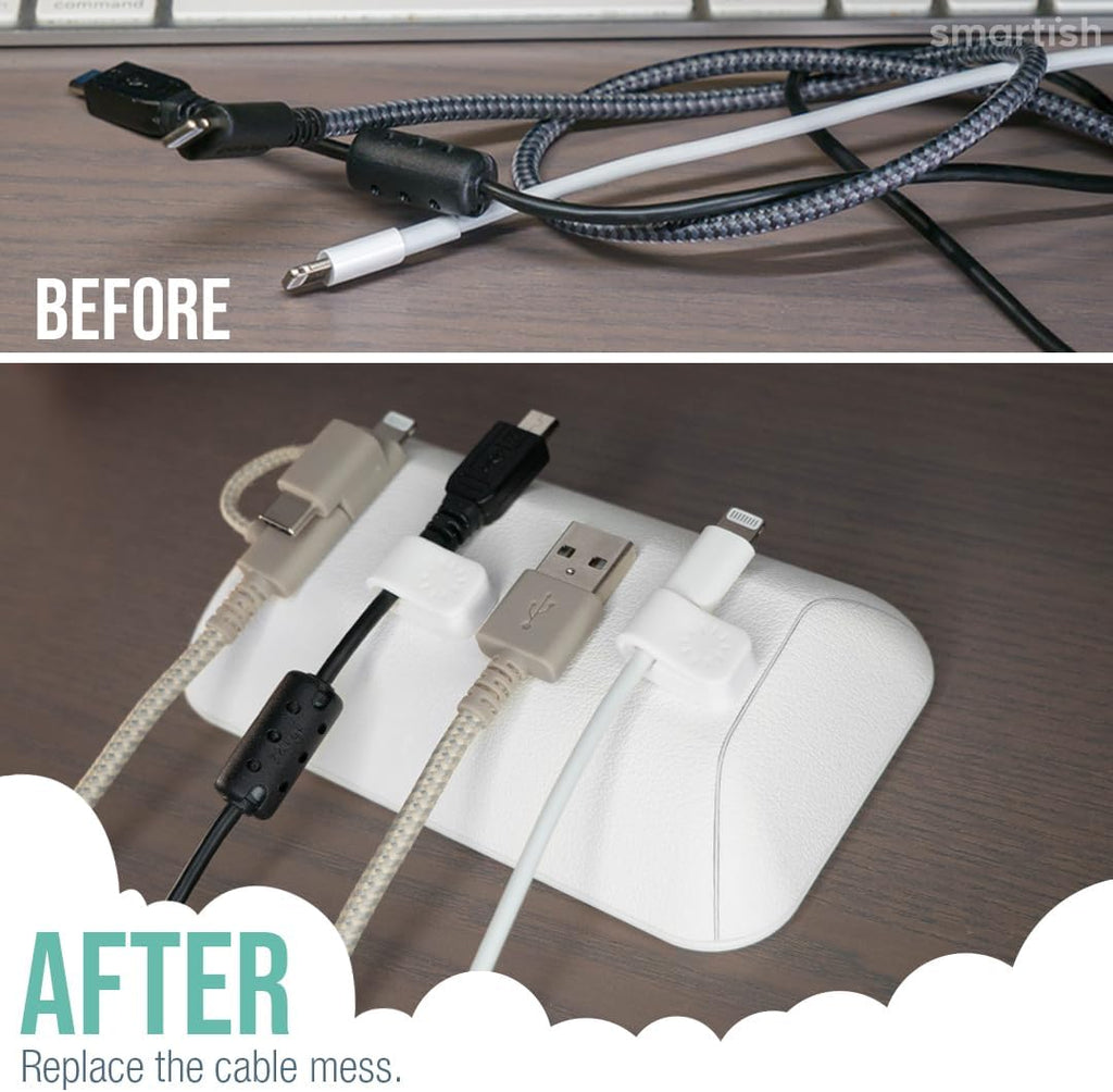 Smartish® Magnetic Cord Holder - Bigger Cable Wrangler Organizer with Magnet Clips for Charger Management on Desktop, Nightstand, or Side Table - Holds 6+ Cables - Snow Day White