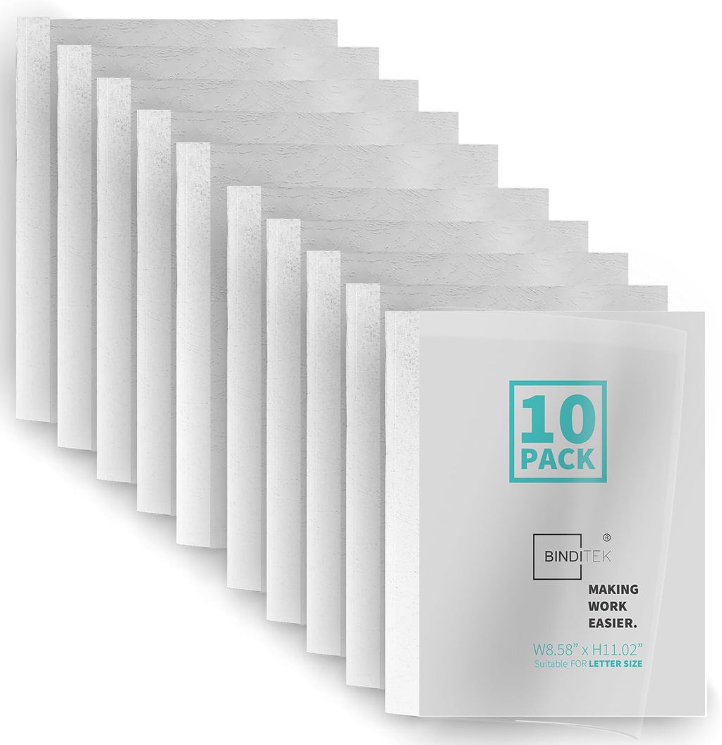 Binditek 10 Pack Thermal Binding Presentation Covers, 1/8 Inch Spine, Holds 30 Sheets, Ultra Clear Front Cover, White Paper Back Cover, Letter Size, for Students and Coworkers