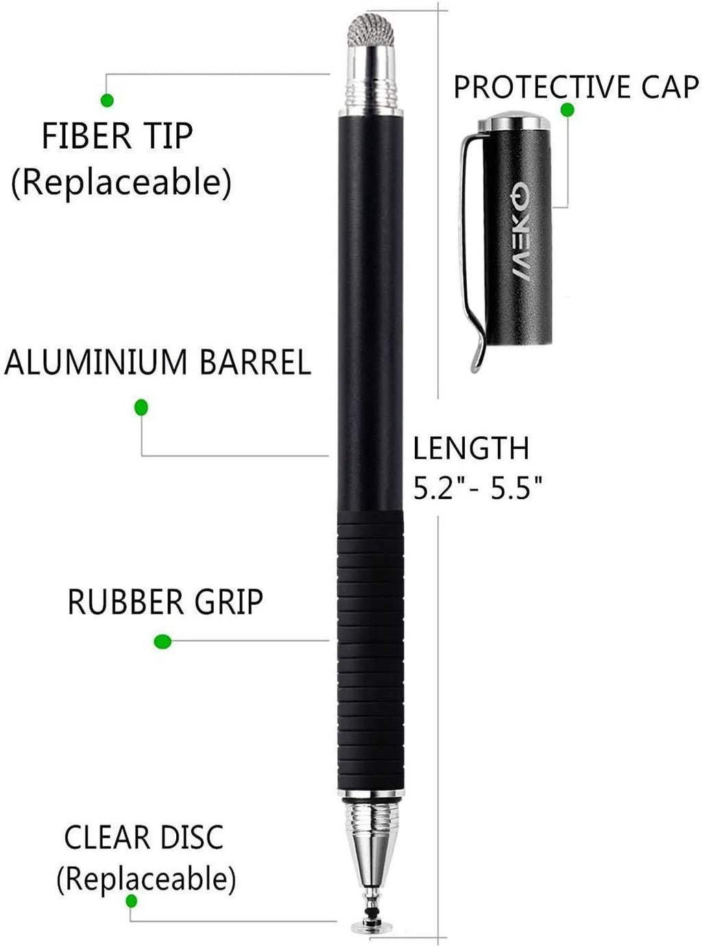 MEKO Universal Stylus,[2 in 1 Precision Series] Disc Stylus Touch Screen Pens for All Capacitive Touch Screens Cell Phones, Tablets, Laptops Bundle with 6 Replacement Tips - (2 Pcs, Black/Black)