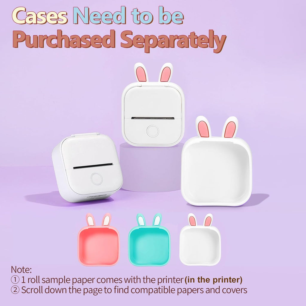 Memoking Mini Portable Printer - T02 Inkless Pocket Thermal Sticker Maker Mini Sticker Printer Mobile Label Maker for Student, Gift, White (Bunny Case Not Included)