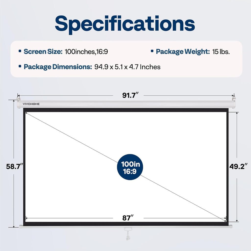 VIVOHOME Projector Screen Pull Down, 16:9 100 Inch Retractable Projection Screen, HD 4K Manual Pull Movie Screen for Home Theater, Cinema, Office (87x49 Inch White)