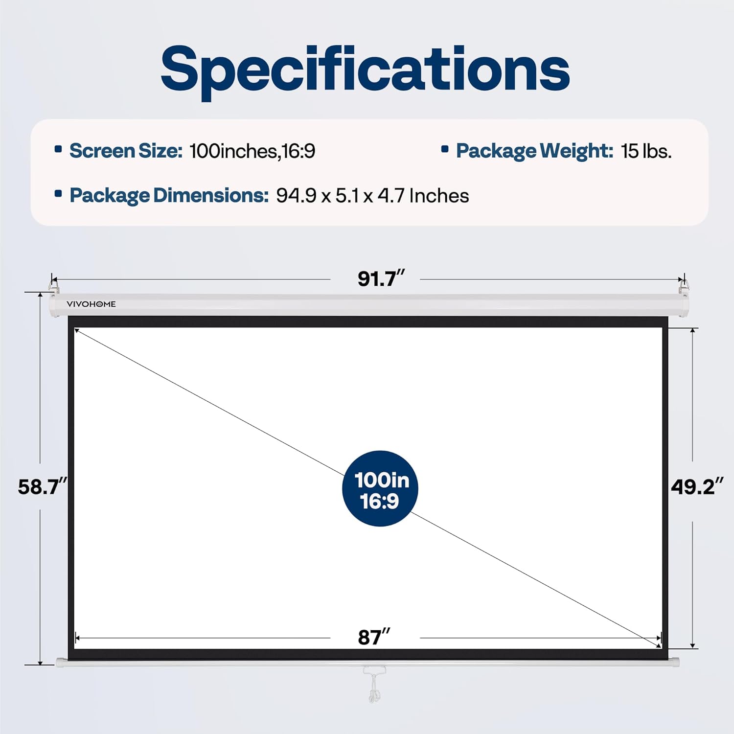 VIVOHOME Projector Screen Pull Down, 16:9 100 Inch Retractable Projection Screen, HD 4K Manual Pull Movie Screen for Home Theater, Cinema, Office (87x49 Inch White)