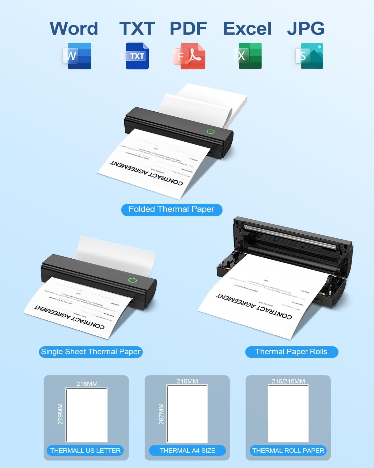 Portable Printers Wireless for Travel, Bluetooth Thermal Printer Supports 8.5" x 11" US Letter & A4 Size, Inkless Mobile Printer Work with Android iPhone Laptop for Home Office School, Black