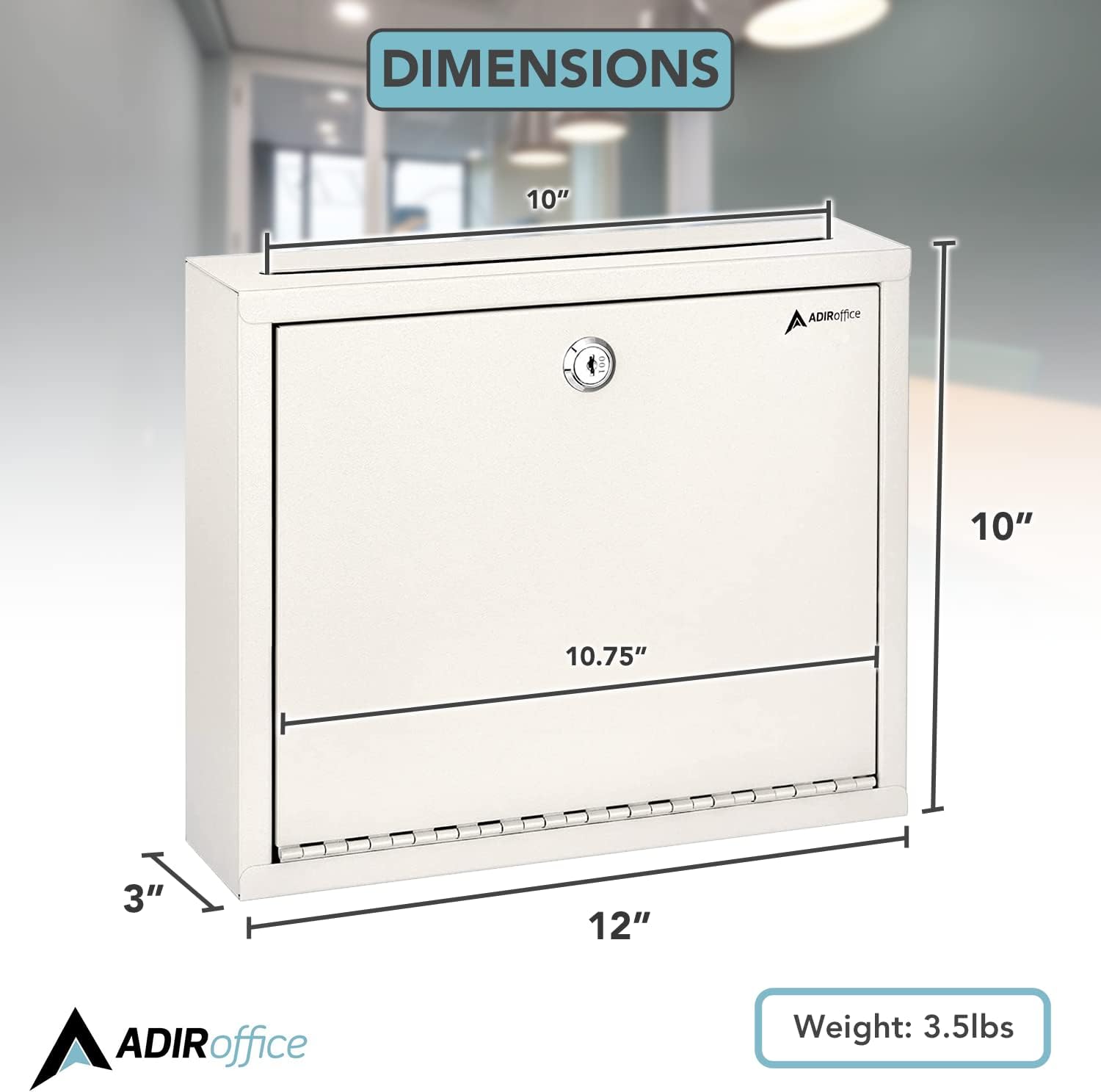 Adir Metal Suggestion Box with Lock and Slot, Wall Mount Deposit Box for Payments and Checks, Office Mail Box for Employees, Mailbox for House, Safe Drop Box with Keys - 3x10x12 Inch White