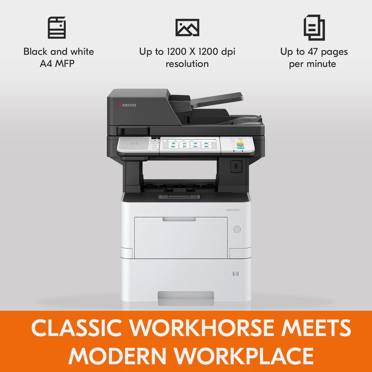 KYOCERA ECOSYS MA4500ifx All-in-One Monochrome Laser Printer (Print/Copy/Scan/Fax), 47 ppm, Up to Fine 1200 dpi, Gigabit Ethernet HyPAS Capable, 7 inch Touchscreen Panel, 512 MB