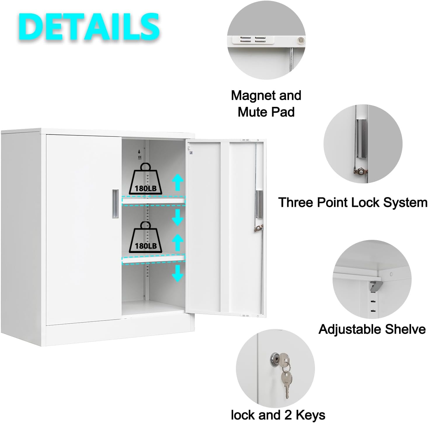 BESFUR Metal Storage Cabinet, 36"- White Locking Cabinet with Two Adjustable Shelves, Garage Storage Cabinet for Office, Garage, Home