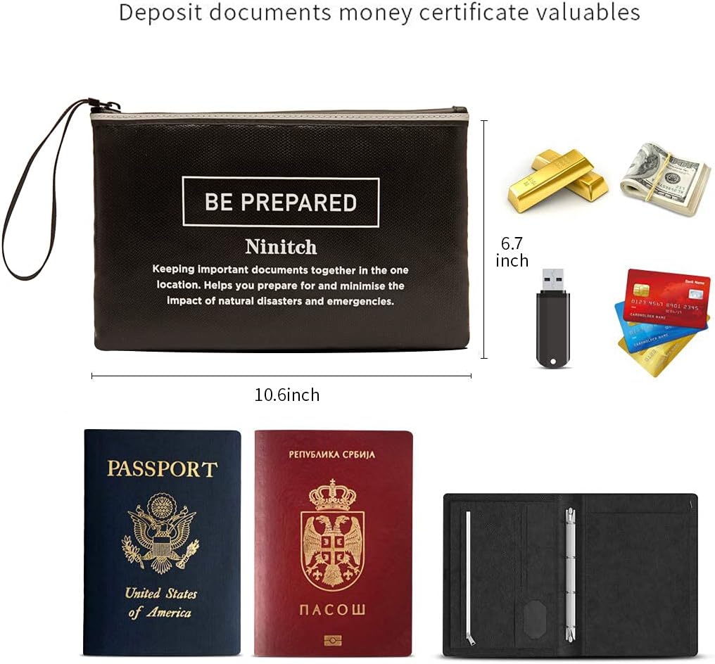 Fireproof Money Bag,small fire safe Fireproof and Waterproof Cash Bag with Zipper Closure, Fireproof Safe Storage Bag Envelope, Suitable for documents, Bank Inventory, Passport (Black, M)