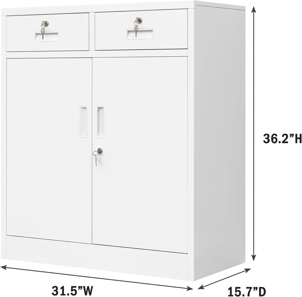CMY Metal Storage Cabinet with Two Drawers, 36" H Steel Cabinets with Adjustable Shelf, Locking Storage Cabinet for Office, Garage, Home-White