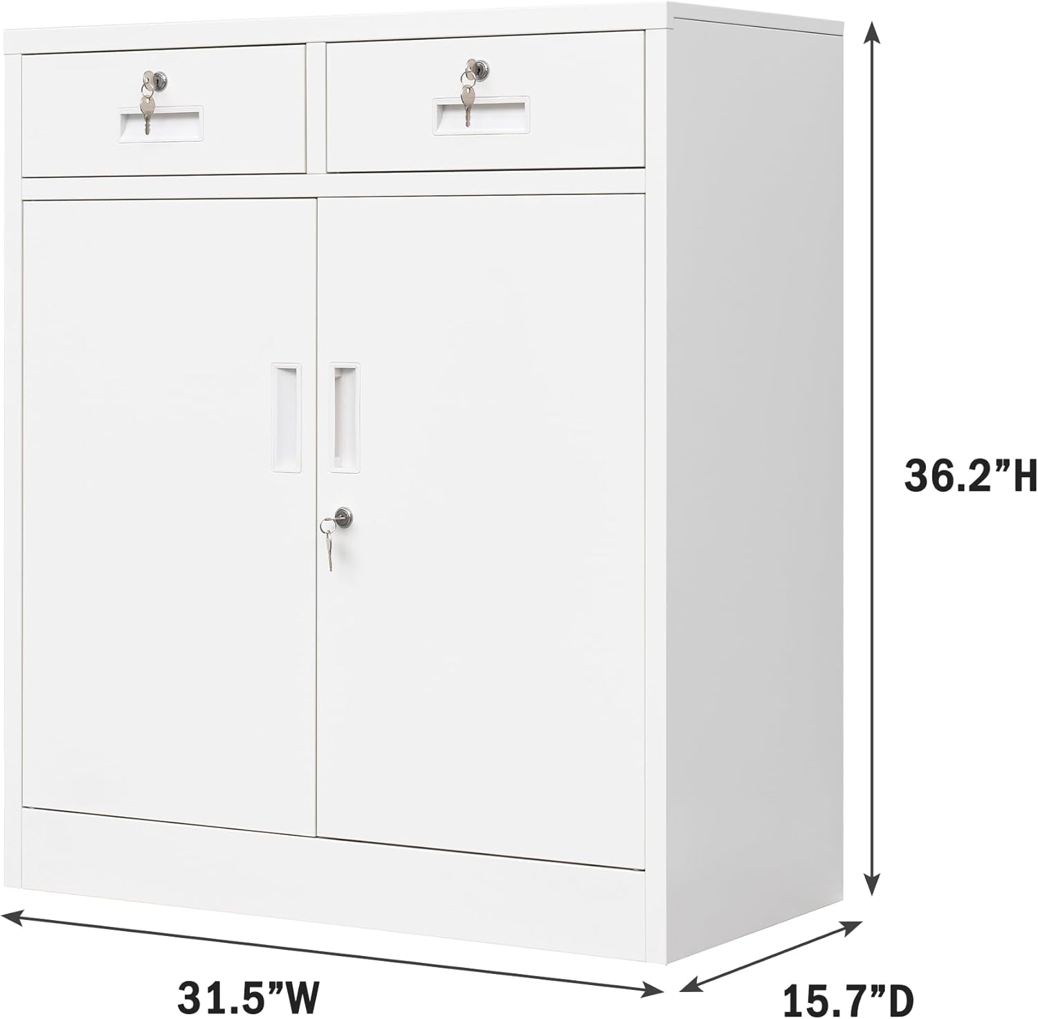 CMY Metal Storage Cabinet with Two Drawers, 36" H Steel Cabinets with Adjustable Shelf, Locking Storage Cabinet for Office, Garage, Home-White