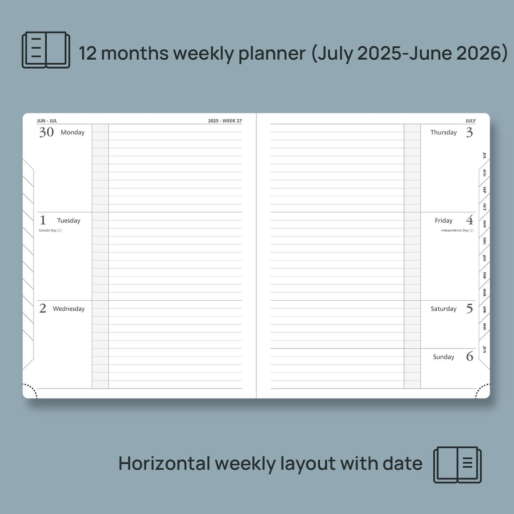 POPRUN Planner 2025-2026 (Large 8.5''x 10.5''), Horizontal Weekly Notebook Jul.2025 - Jun.2026, Academic Appointment Book with Monthly Tabs, Leather Hardcover, Inner Pocket, 100 GSM - Army Green