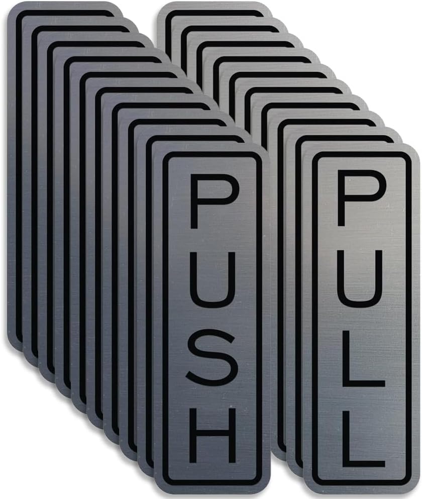 All Quality Classic Vertical Push Pull Door Signs - Great for Glass Doors | Professional Looking Signs | Easy Installation Includes Double-Sided Foam Adhesive Tape (Brushed Silver) - Medium (10 Pack)