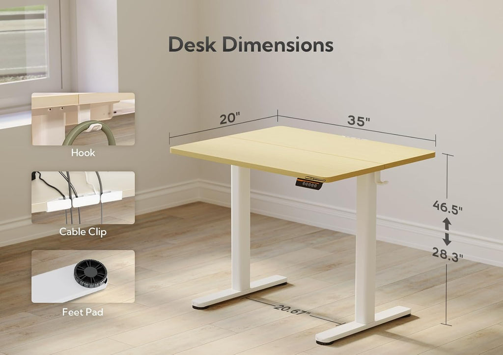 Claiks Electric Height Adjustable Stand Up Desk, 35x20 Inches Sit Stand Desk for Home Office, Nature Top/White Frame