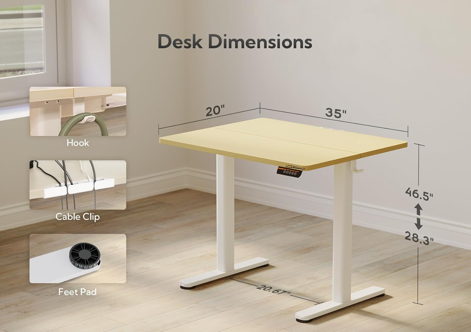 Claiks Electric Height Adjustable Stand Up Desk, 35x20 Inches Sit Stand Desk for Home Office, Nature Top/White Frame