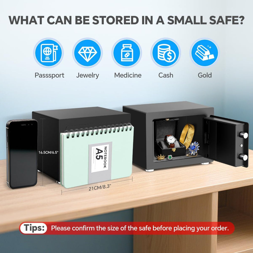Small Home Safe, 6.7”D x 9”W x 6.7”H, Electronic Keypad Lock Security Box for Cash, Jewelry, Passport, Hidden Safe for Closet, College Dorm Room, Black
