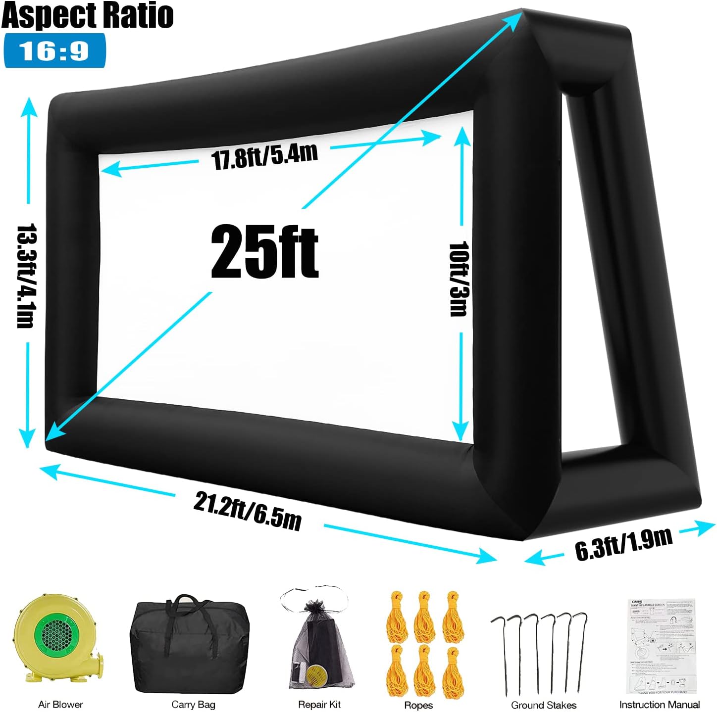 Inflatable Projector Screen - 25FT Outdoor Movie Screen Blow Up for Movie Parties Backyard Outside with Air Blower and Carry Bag, Front and Rear Projection