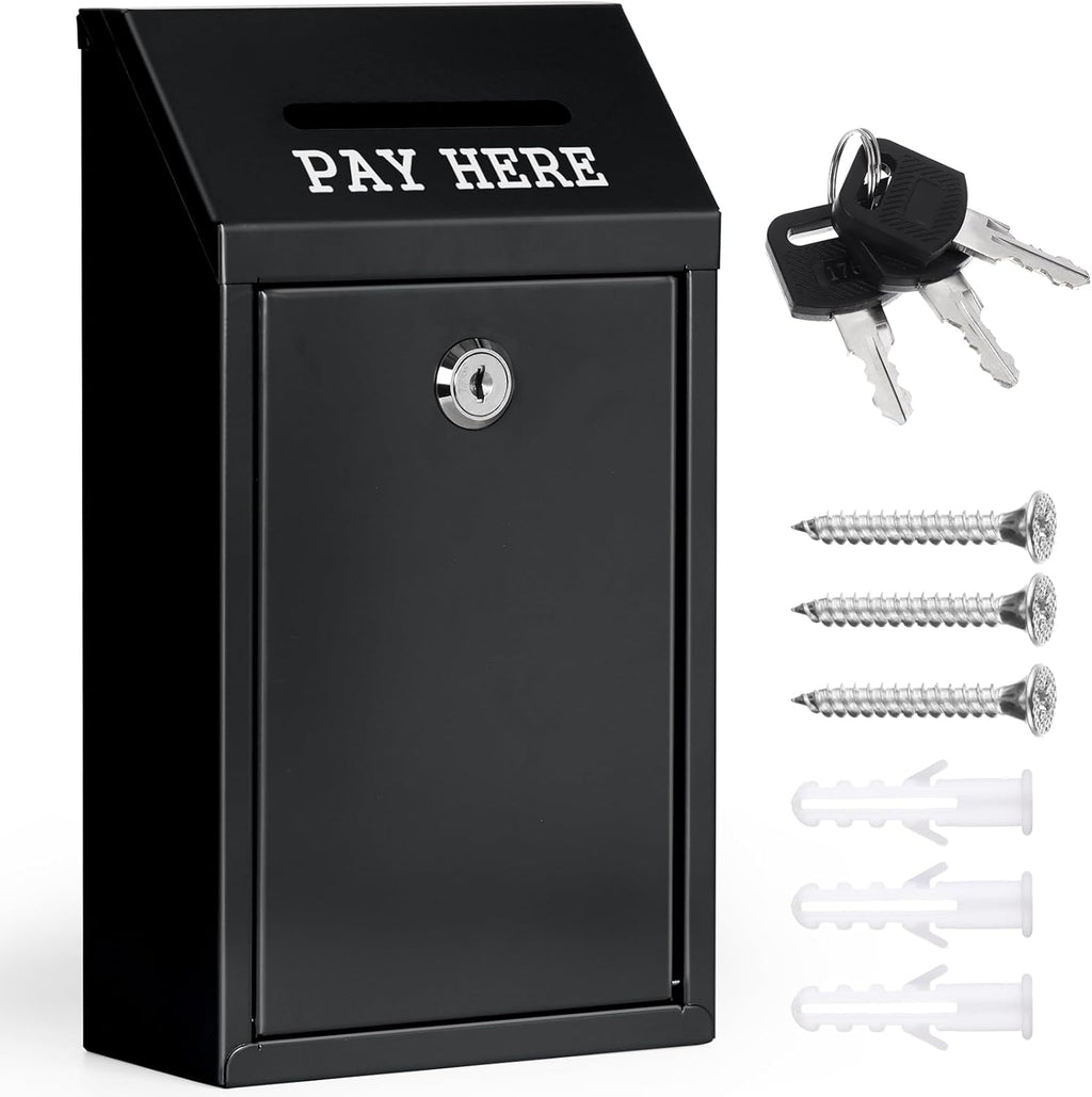 Metal Donation Box Collection Safe Suggestion Box with Lock Wall Mounted Mailbox Delivery Ballot Case Key Drop Case for Home Office Outdoor Door (Balck, 10.24 x 5.71 x 2.95 Inch)