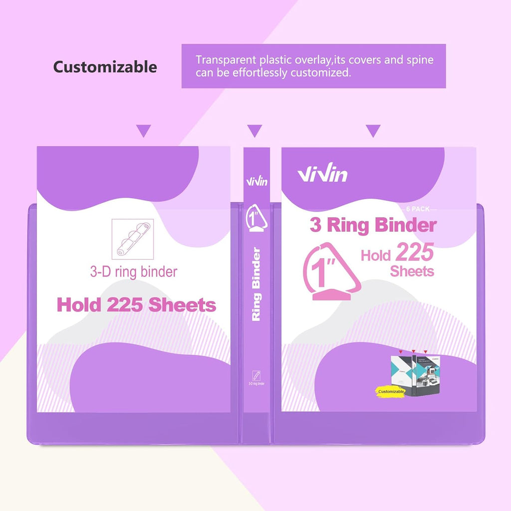 ViVin Sturdy 1 Inch D Ring Binders, 3 Ring Binders with 2 Pockets, Hold 225 Sheets of US Letter Size Paper for Office,Home,School, 6 Pack (Purple)