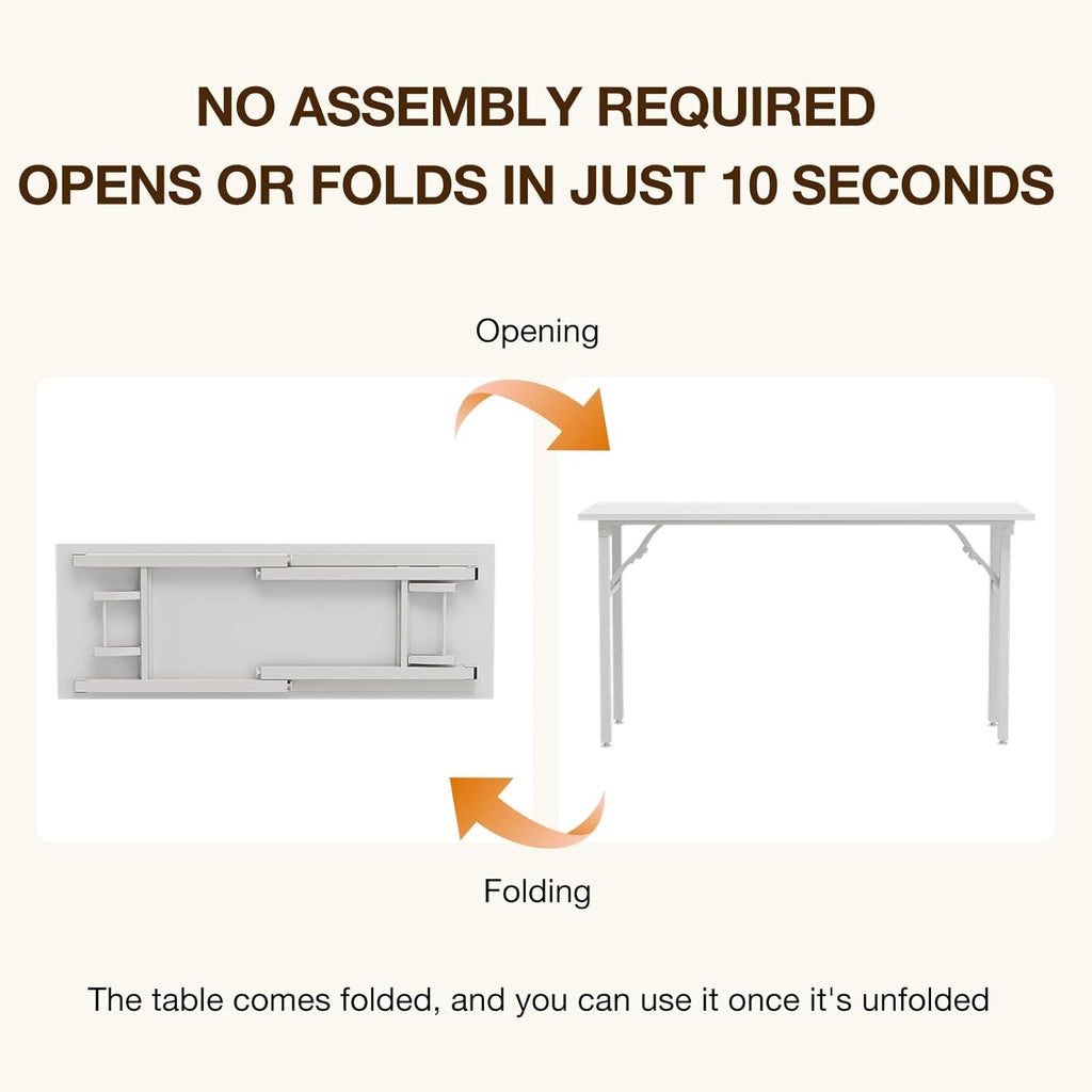 TEMI Long Computer Desk Folding Table - 55.1" Foldable Office Desk, No Assembly, Perfect Writing Table for Bedroom, Dorm, or Apartment, Portable Large Desk or Study Table with Compact Design, White