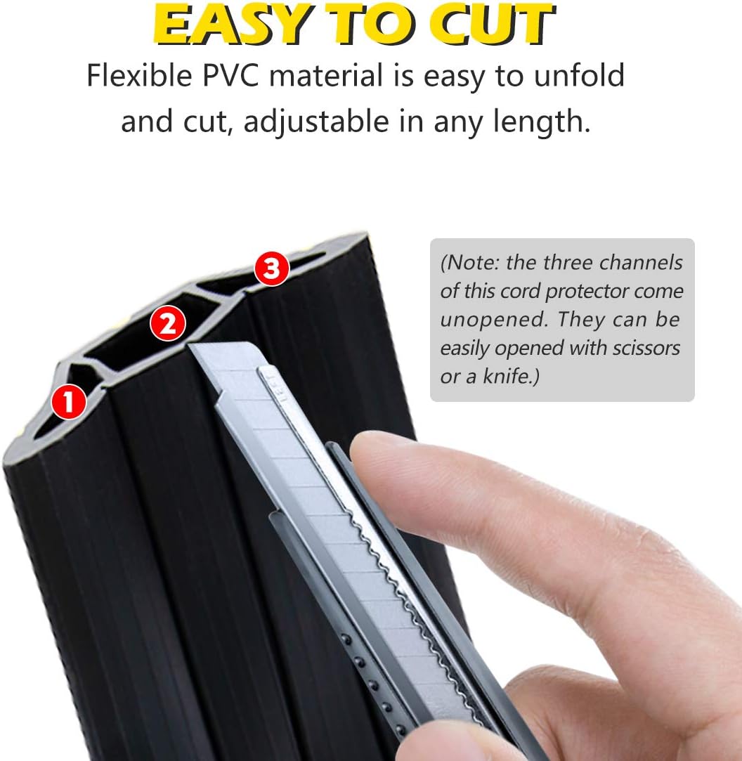 Papillon Cable Protector 3-Channel Heavy Duty Cord Cover - Floor Wire Concealer Easy to Unroll for Home Office Warehouse (10Ft, Black)
