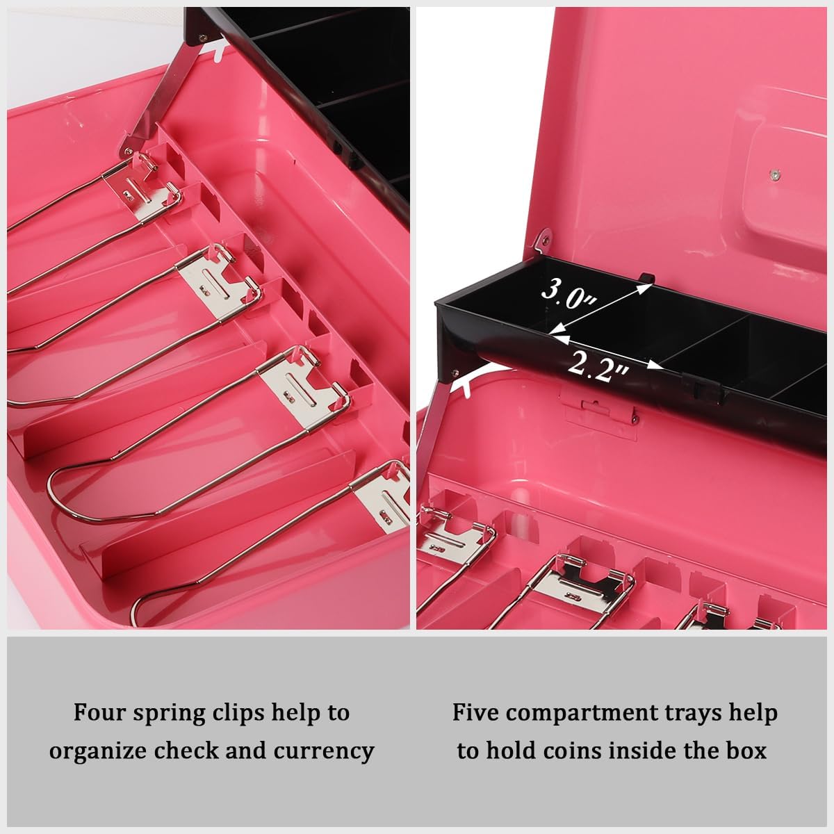 Jssmst Large Locking Cash Box with Money Tray, Metal Money Box with Combination Lock Cash Safe with Security Cable, Pink