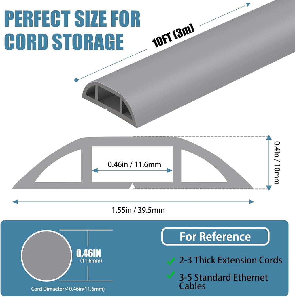 Floor Cord Covers for Wires 10FT Cable Hider Wire Coverr Self Adhesive Cord Hider Floor for Offices, Homes, Workshops, Warehouses Cable Cavity 0.51" W x 0.31" H