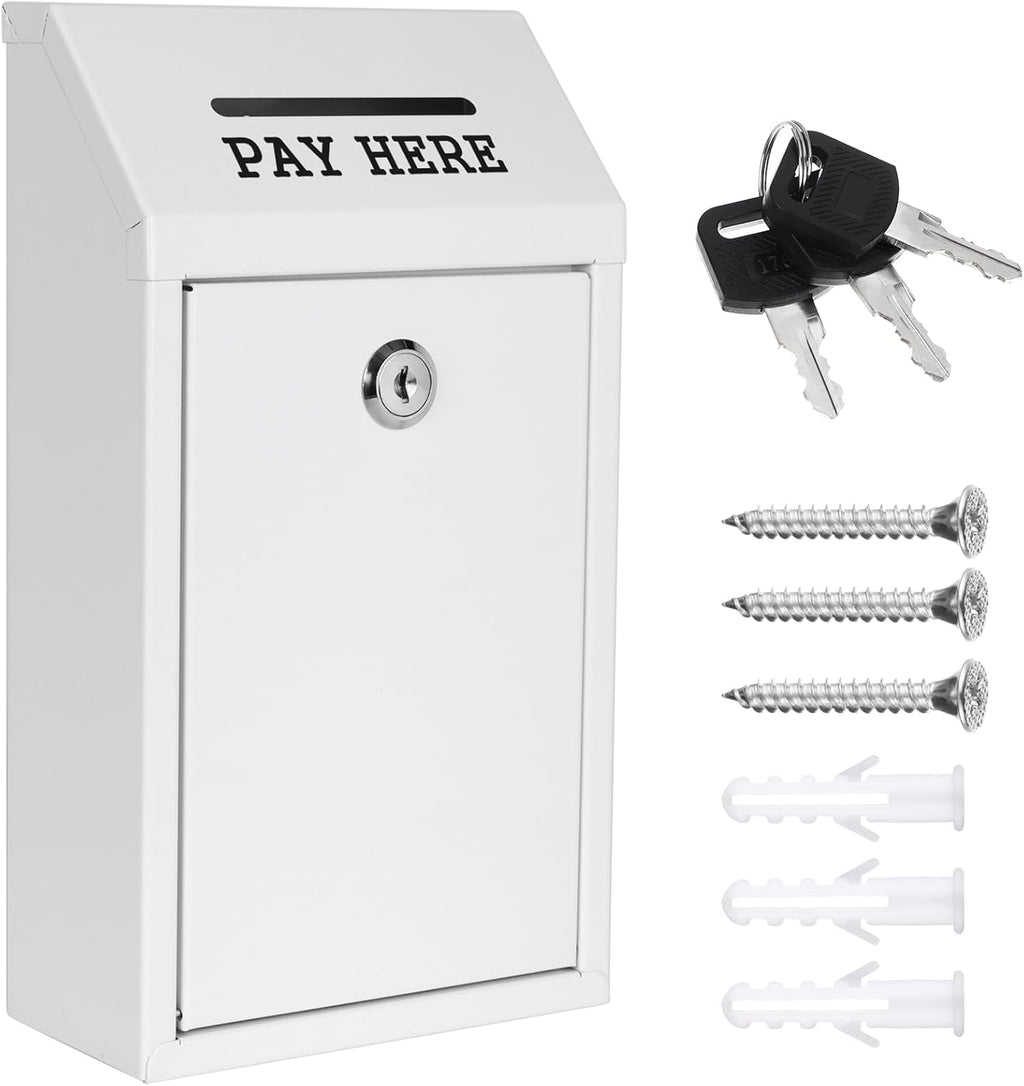 Metal Donation Box Collection Safe Suggestion Box with Lock Wall Mounted Mailbox Delivery Ballot Case Key Drop Case for Home Office Outdoor Door (White, 10.24 x 5.71 x 2.95 Inch)