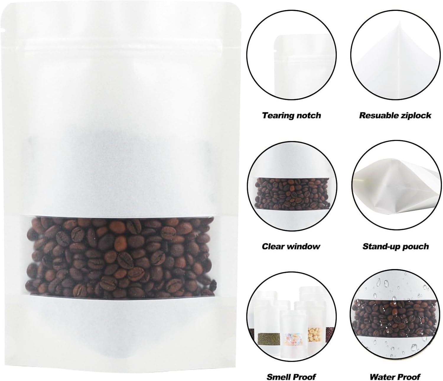100 Pack Bags, Resealable Bags with Clear Window, Stand-up Bags for Sealing Storage, Scratch Resistant Hand Storage Bags. (White, 6.3×9.45 Inch)
