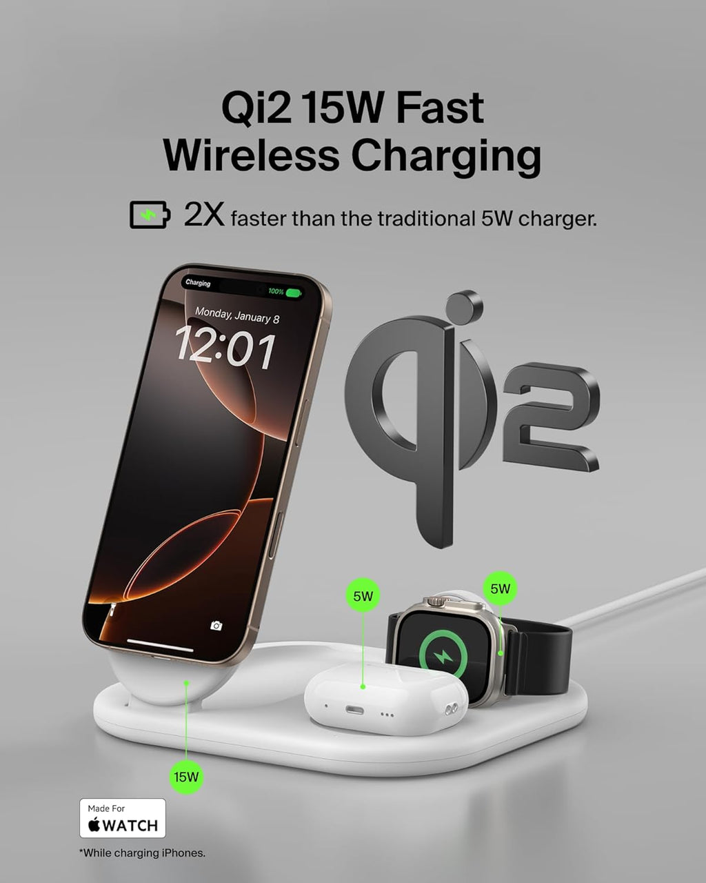 Belkin 3-in-1 MagSafe-Compatible iPhone Charger 15W, Foldable Magnetic Qi2-Certified Wireless Charging Station for iPhone 17, Apple Watch Series 10, AirPods 4, Pixel 10, w/Non-Slip Base & PSU - White