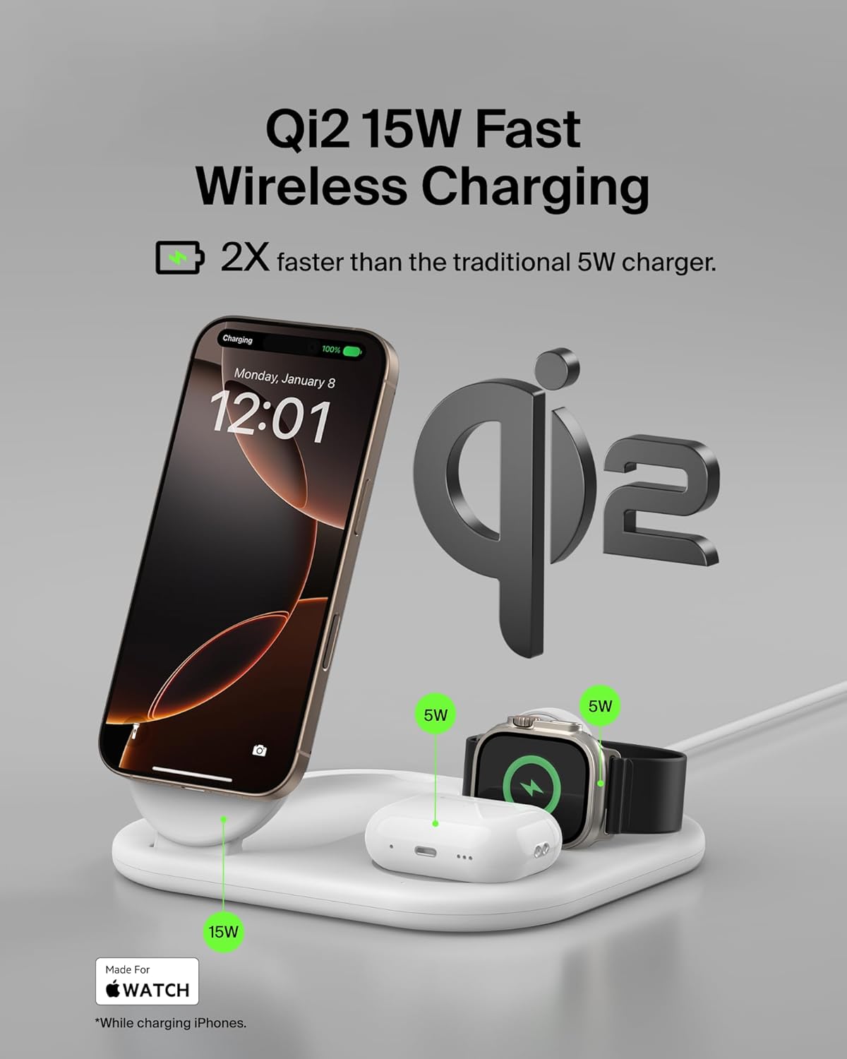 Belkin 3-in-1 MagSafe-Compatible iPhone Charger 15W, Foldable Magnetic Qi2-Certified Wireless Charging Station for iPhone 17, Apple Watch Series 10, AirPods 4, Pixel 10, w/Non-Slip Base & PSU - White