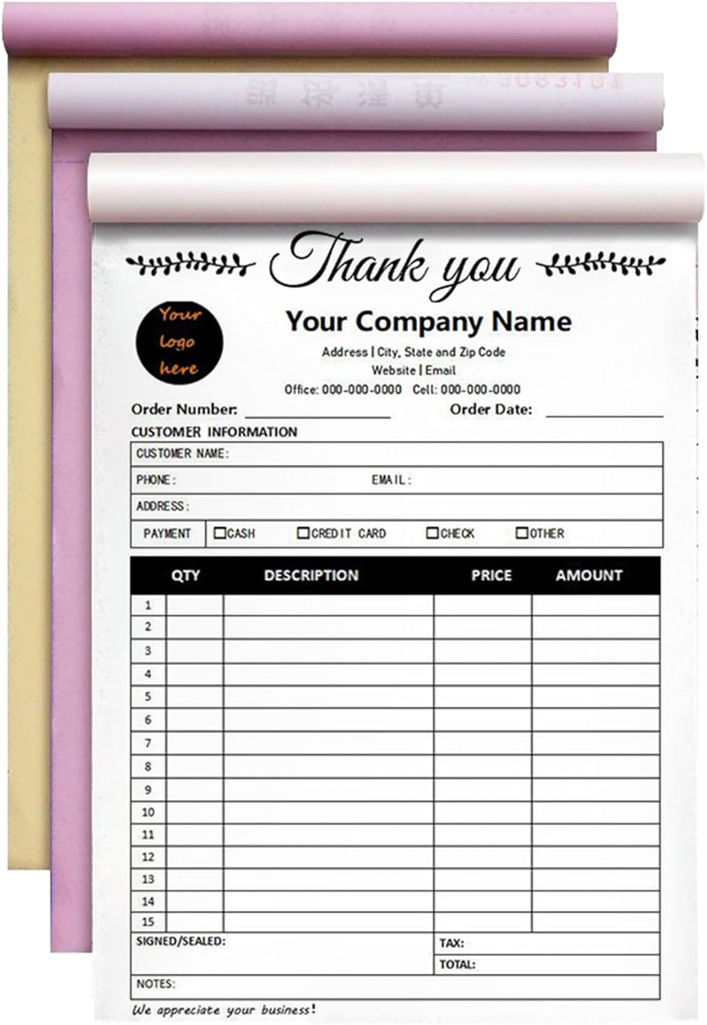 Custom Invoice Book in 3-Part /2-Part Receipt Book with Carbon Copies Personalized Carbonless Service Invoice Form Books Sales Order Book with Company Name Logo Address,C3-Thank You Receipt