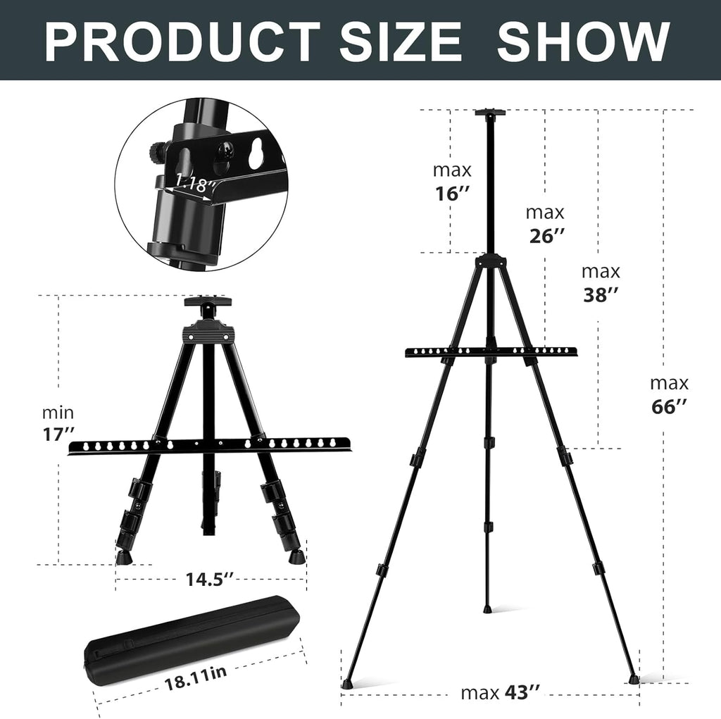 AROIC 4 Pack Art Painting Display Easel Stands,Portable Adjustable Aluminum Metal Tripod Artist Canvases Height from17 to 66 Inch Extra Sturdy forTable-Top/Floor Painting. Black with 4 Storage Bag